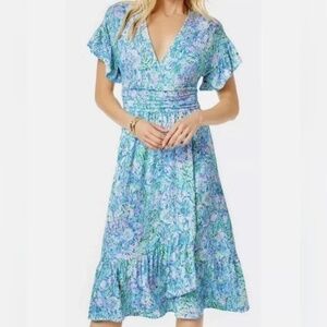 Lilly Pulitzer Women's Juliet Ruffle Midi Dress Size L Surf Blue Soleil Summer
